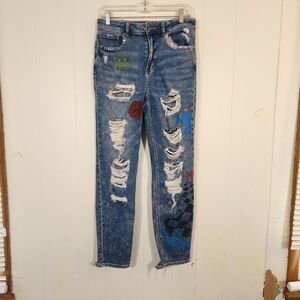 American Eagle Outfitters Colorful Fun Graffiti Distressed Mom Jeans Size 6